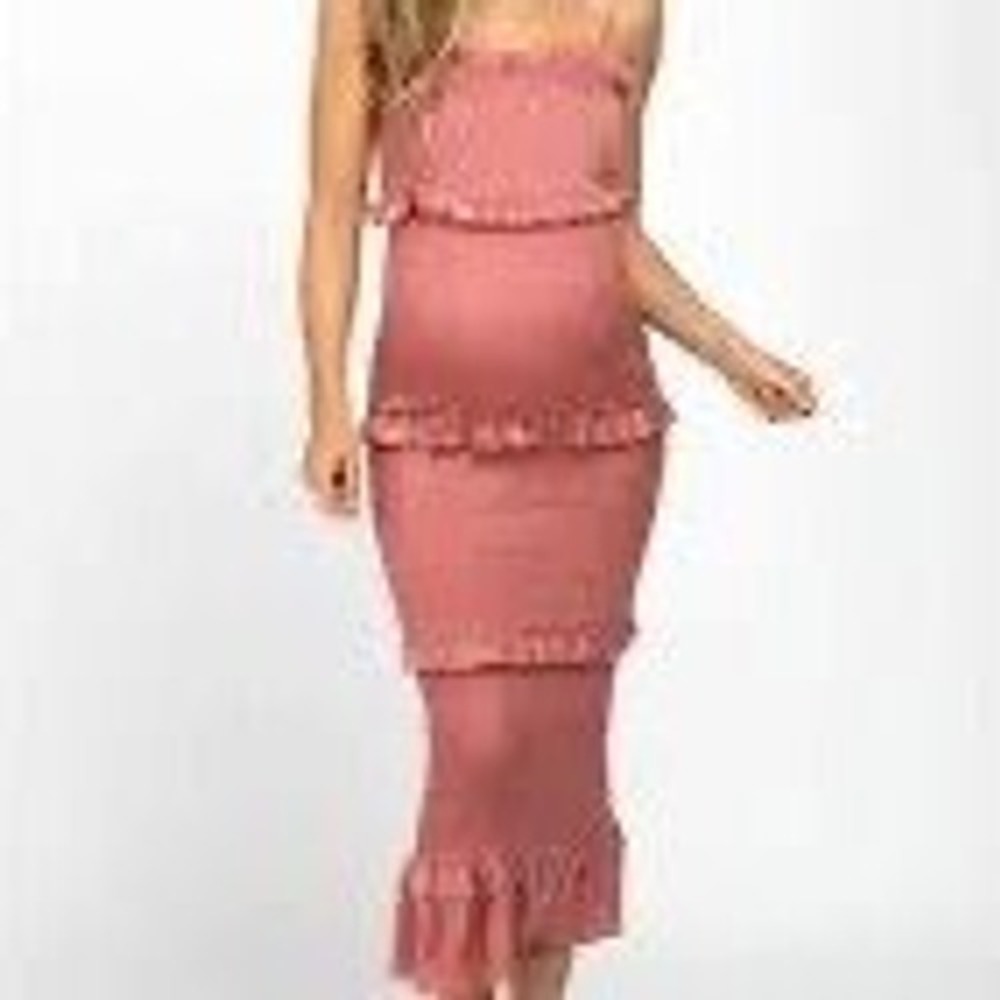 Mable Pink Smocked Tiered Ruffle Midi Dress‎ Stretchy Bodycon Small Boho Summer